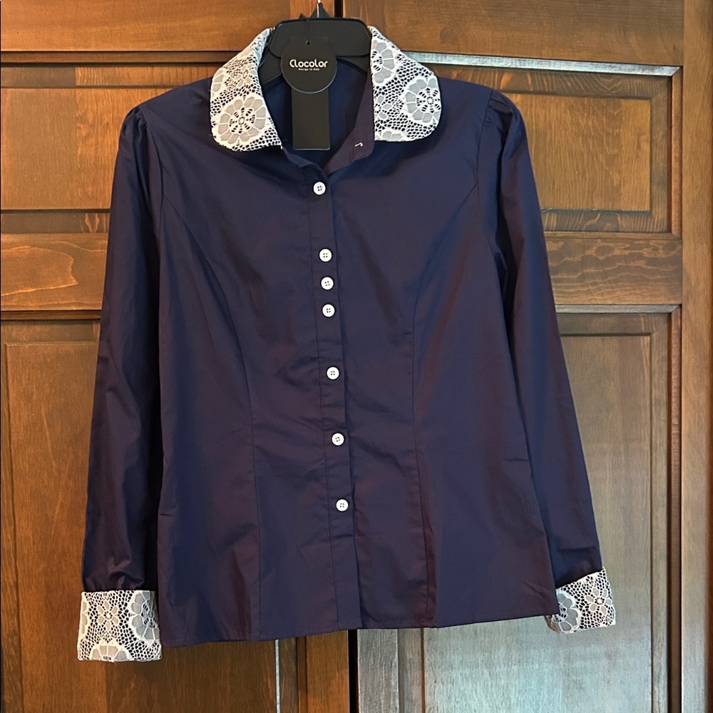 Navy Blouse with Lace Collar and Cuffs